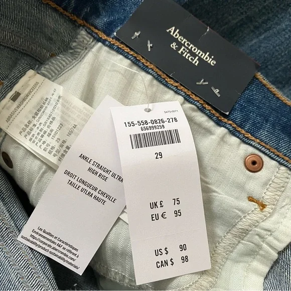 NWT Abercrombie & Fitch The Ankle Straight Ultra High Rise Curve Love Jeans 29 8